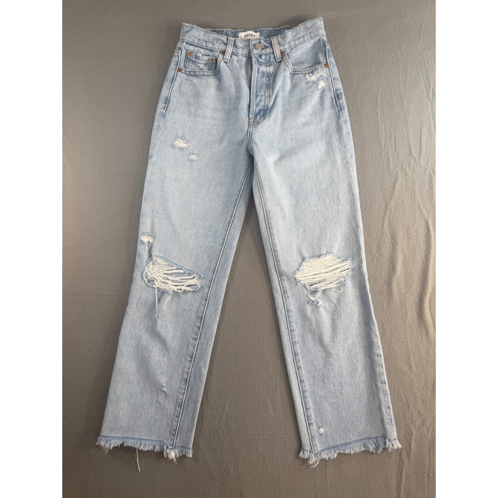 Pistola High Rise Straight Leg Distressed Jeans Light Wash Size 24 Raw Hem
